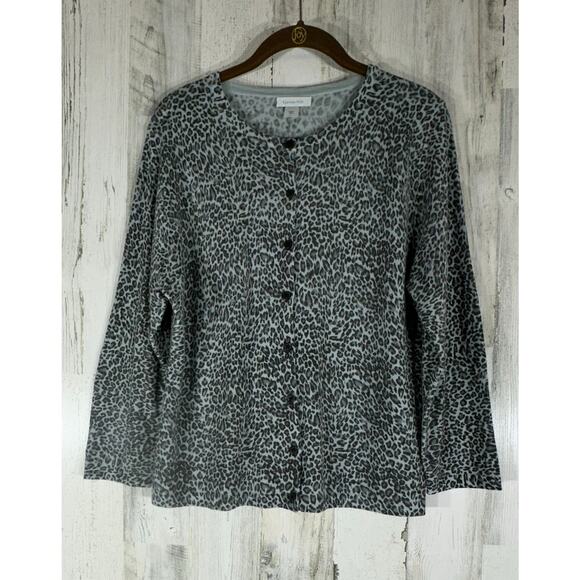 Garnet Hill Cardigan Sweater Size Medium Gray Leopard Merino Wool Lightweight - Picture 1 of 7